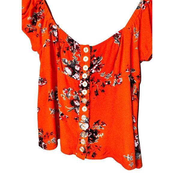 Free People Orange Floral Button Down Top XL Off Shoulder Smocked Back Boho - Picture 2 of 4